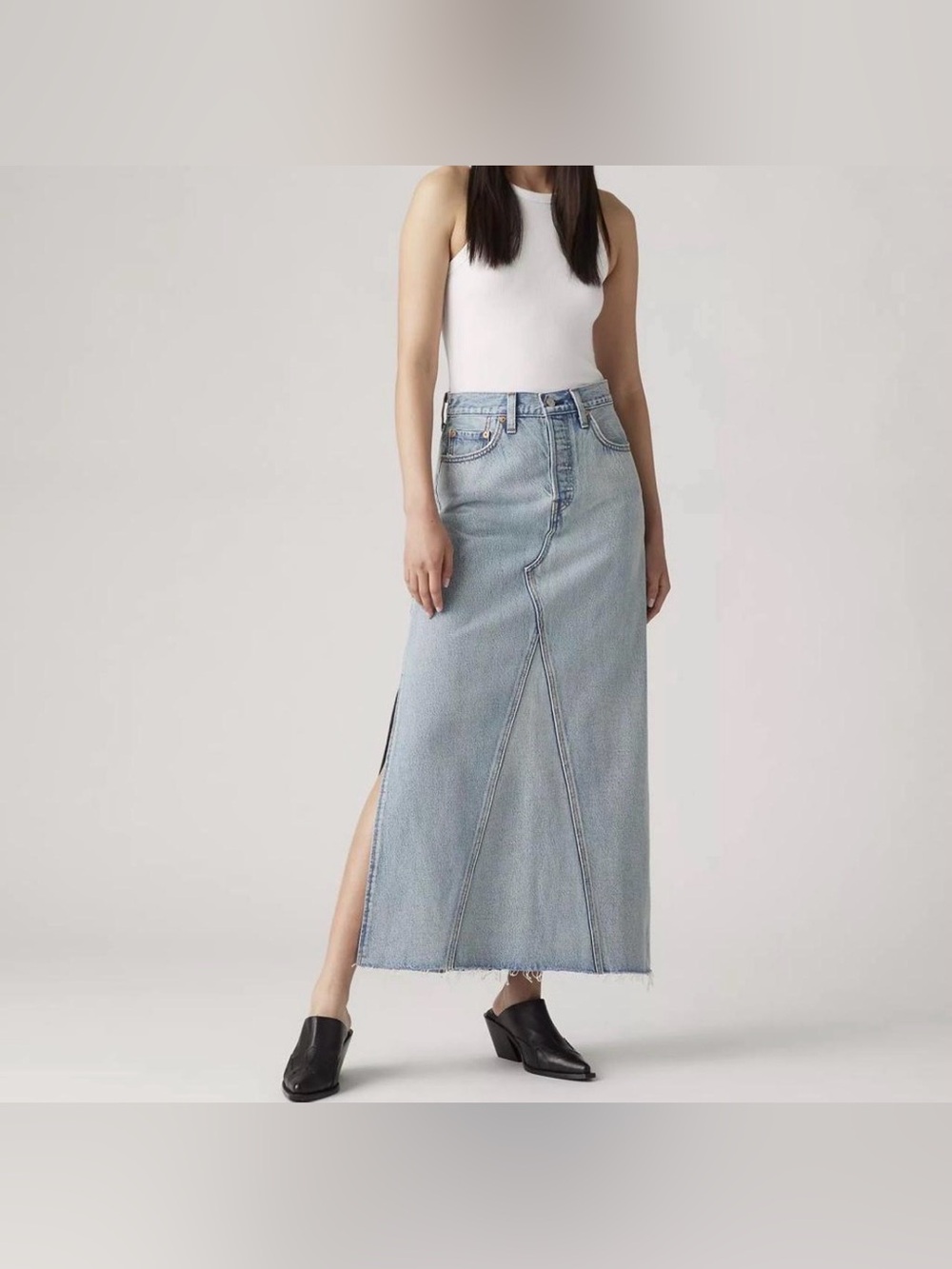 Levi's denim maxi skirt featuring a classic button-fly closure